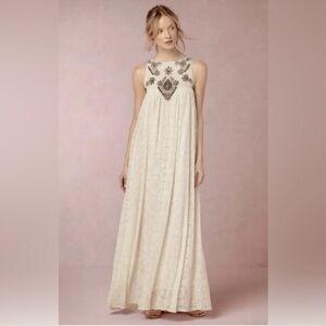 BHLDN Korovilas Gown Dress ivory Metallic Embroidered Beaded Swing Size S
